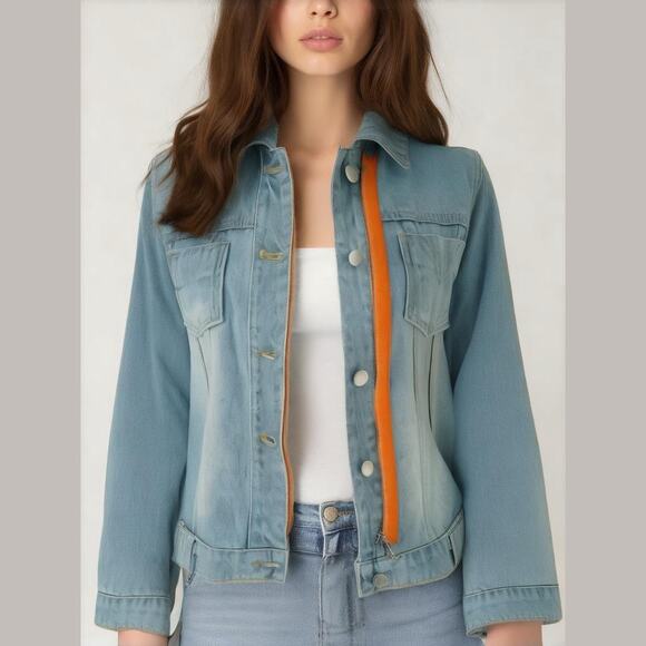 Lee Cooper Vtg 90s Blue Denim Orange Trim Button Asym Zip Classic Jean Jacket M - Picture 1 of 11